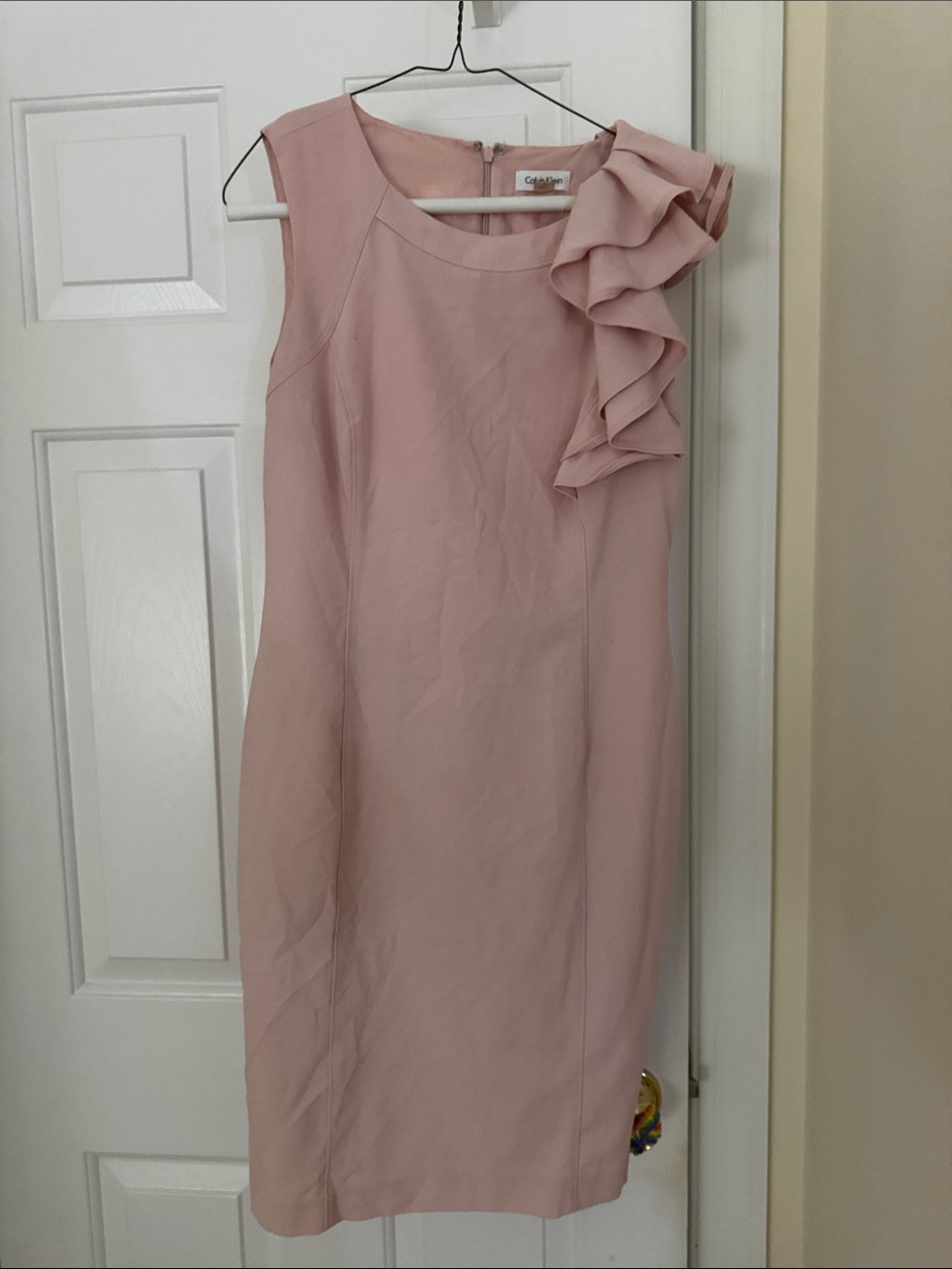Calvin Klein Blush Pink Ruffle Midi Sheath Dress